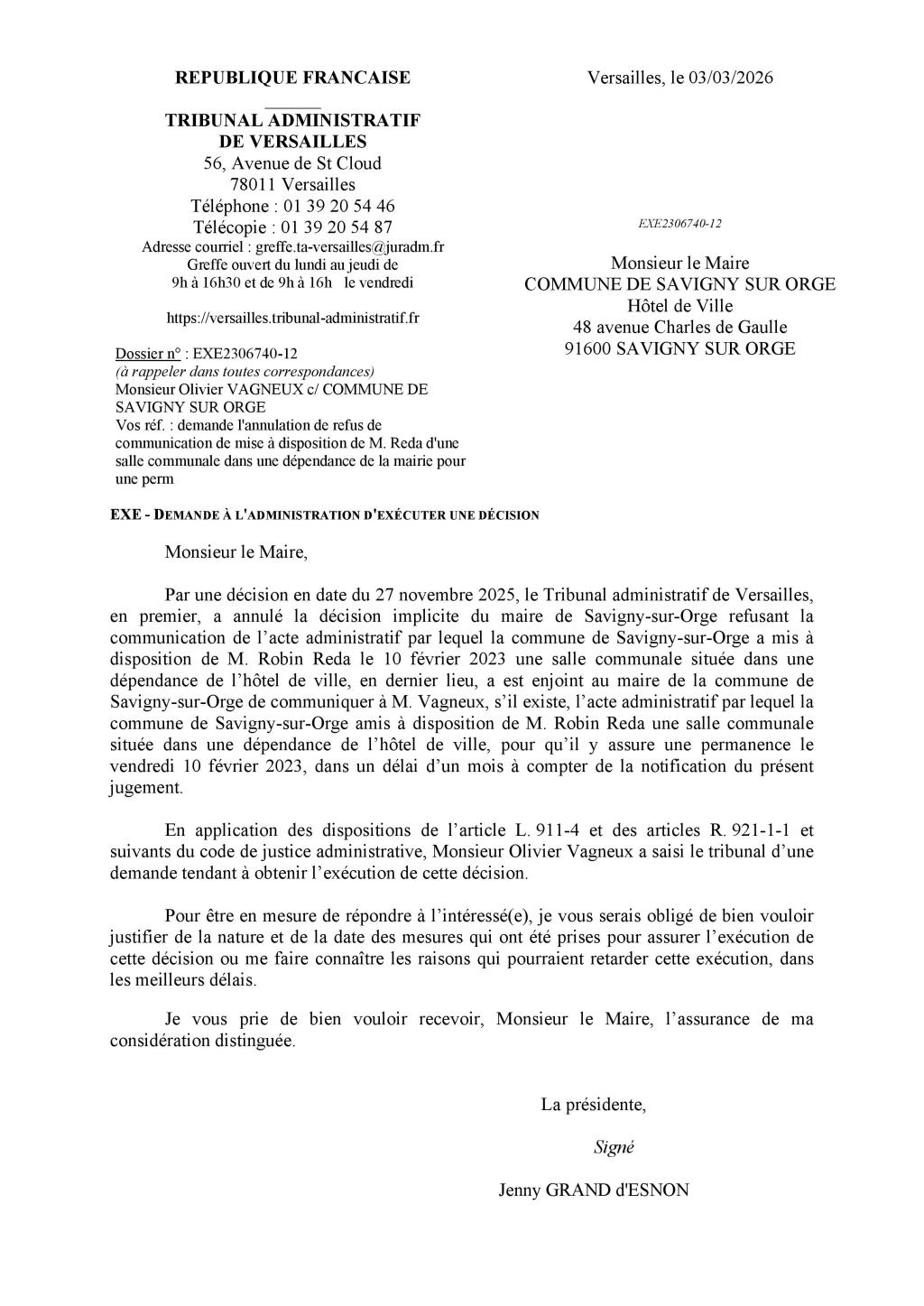 Lassant : la présidente du Tribunal administratif de Versailles demande EN-CO-RE à Alexis TEILLET d&rsquo;exécuter un&nbsp;jugement…