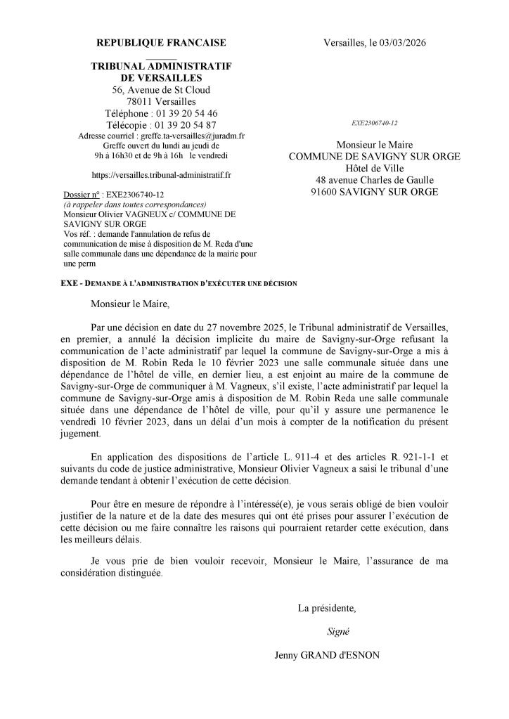 Lassant : la présidente du Tribunal administratif de Versailles demande EN-CO-RE à Alexis TEILLET d&rsquo;exécuter un&nbsp;jugement…