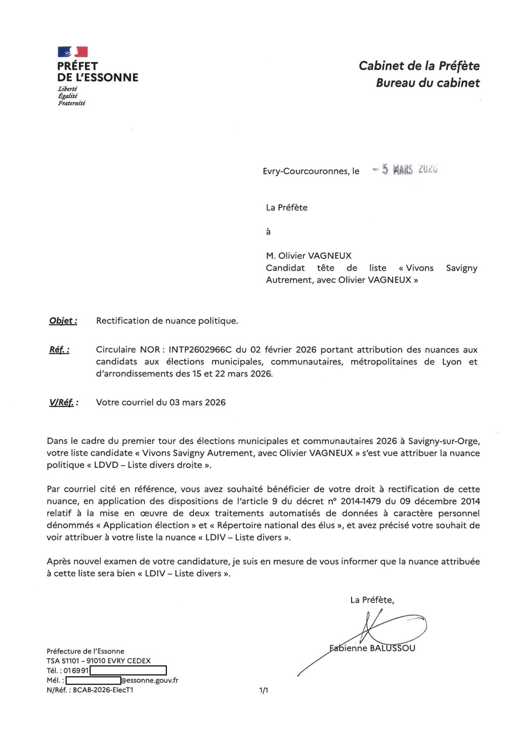 Municipales 2026 à Savigny-sur-Orge : la préfète de l&rsquo;Essonne reçoit le recours gracieux d&rsquo;Olivier VAGNEUX et corrige la nuance de sa liste (LDVD en LDIV)&nbsp;!