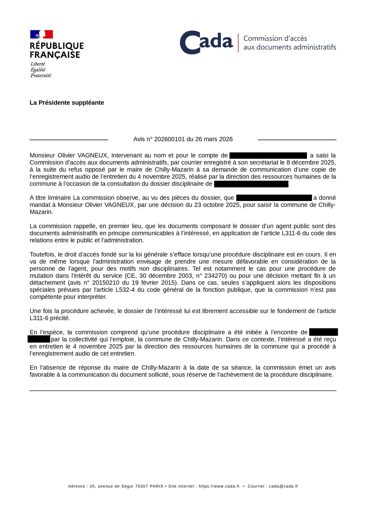 CADA : l&rsquo;enregistrement audio de la consultation du dossier disciplinaire d&rsquo;un agent est communicable après l&rsquo;achèvement de la procédure (Avis CADA, no 202600101, 26 mars 2026, Mairie de&nbsp;Chilly-Mazarin)
