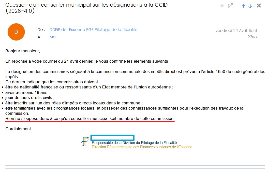 Les conseillers municipaux peuvent être membres de la commission communale des impôts directs (Réponse DDFiP91 en&nbsp;2026)