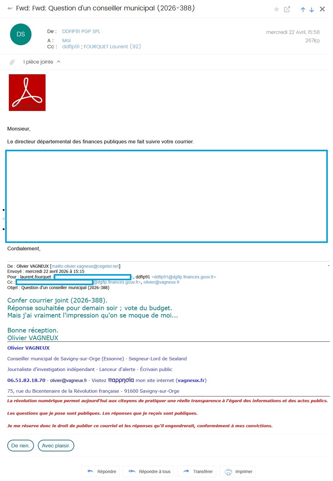 43 minutes : très favorablement impressionné par la rapidité de réponse du directeur départemental des finances publiques de l&rsquo;Essonne à ma question de conseiller municipal&nbsp;!