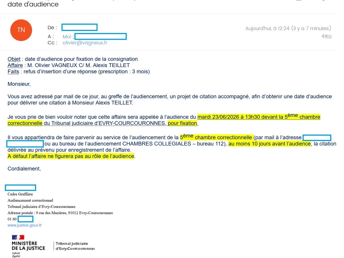 Alexis TEILLET comparaîtra le 23 juin 2026 devant la 5e chambre correctionnelle du Tribunal judiciaire d&rsquo;Évry-Courcouronnes pour continuer de refuser d&rsquo;insérer mes droits de réponse dans les procès-verbaux du conseil&nbsp;municipal