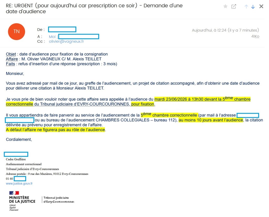 Alexis TEILLET comparaîtra le 23 juin 2026 devant la 5e chambre correctionnelle du Tribunal judiciaire d&rsquo;Évry-Courcouronnes pour continuer de refuser d&rsquo;insérer mes droits de réponse dans les procès-verbaux du conseil&nbsp;municipal