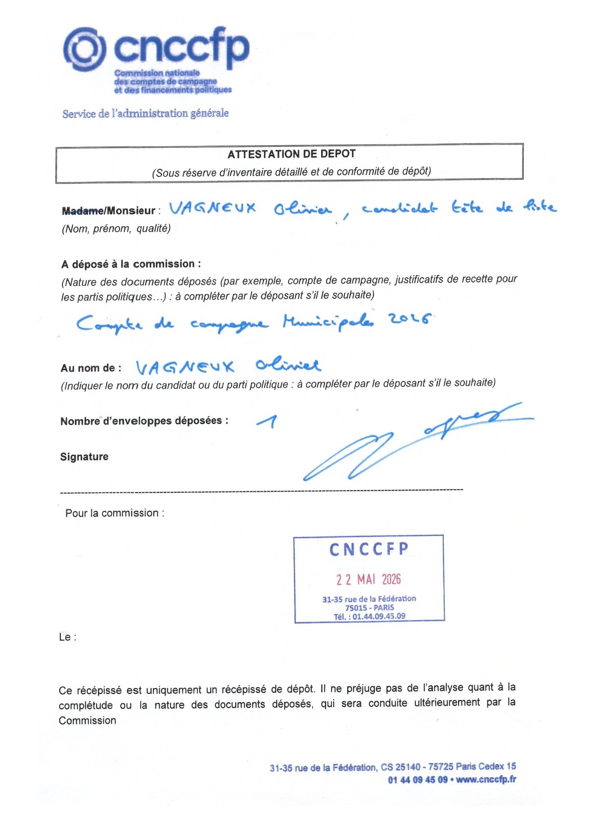 Transparence : les comptes de campagne de la liste « Vivons Savigny Autrement, avec Olivier VAGNEUX » à l&rsquo;élection municipale 2026 de Savigny-sur-Orge