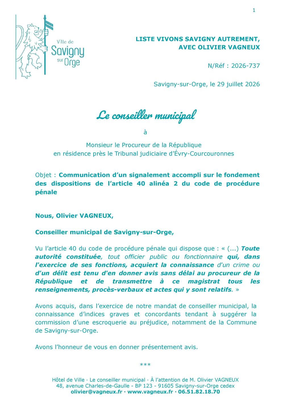 Mon signalement article 40 au Parquet relativement à l’accident de voiture de Marius NICE sur un parking à Athis-Mons