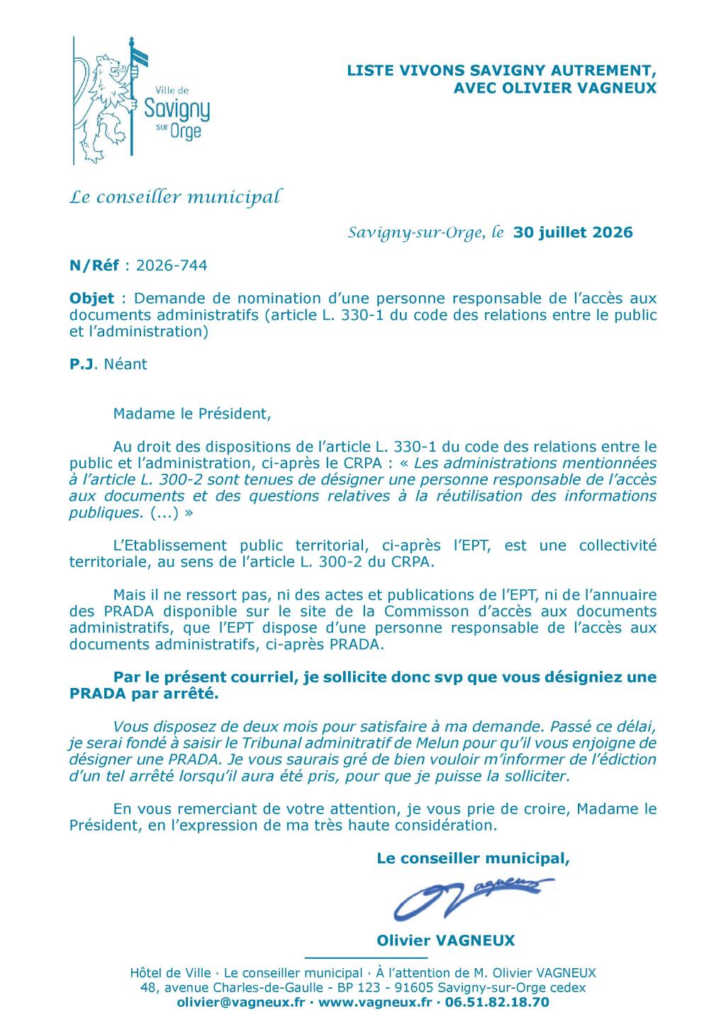 Olivier VAGNEUX demande à la présidente de l’Établissement public territorial du Grand-Orly Seine Bièvre de désigner une personne responsable de l’accès aux documents administratifs (PRADA)