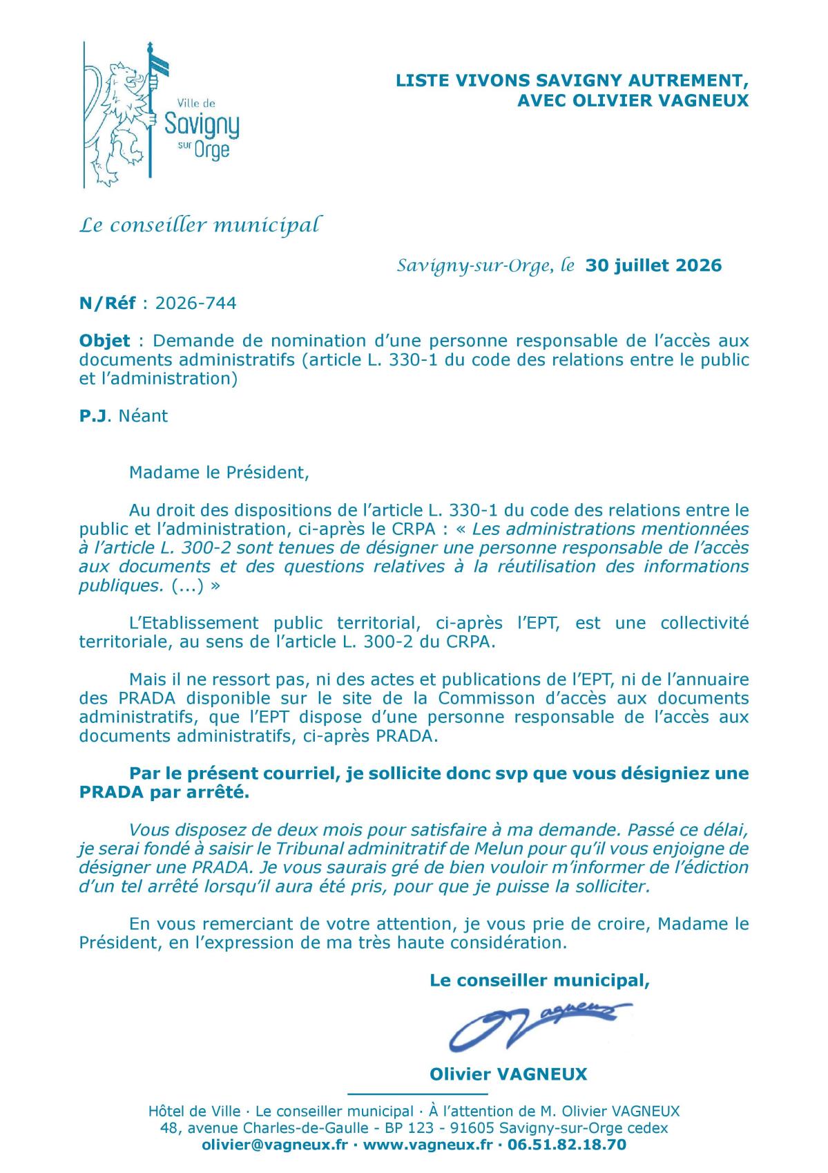 Olivier VAGNEUX demande à la présidente de l&rsquo;Établissement public territorial du Grand-Orly Seine Bièvre de désigner une personne responsable de l&rsquo;accès aux documents administratifs&nbsp;(PRADA)