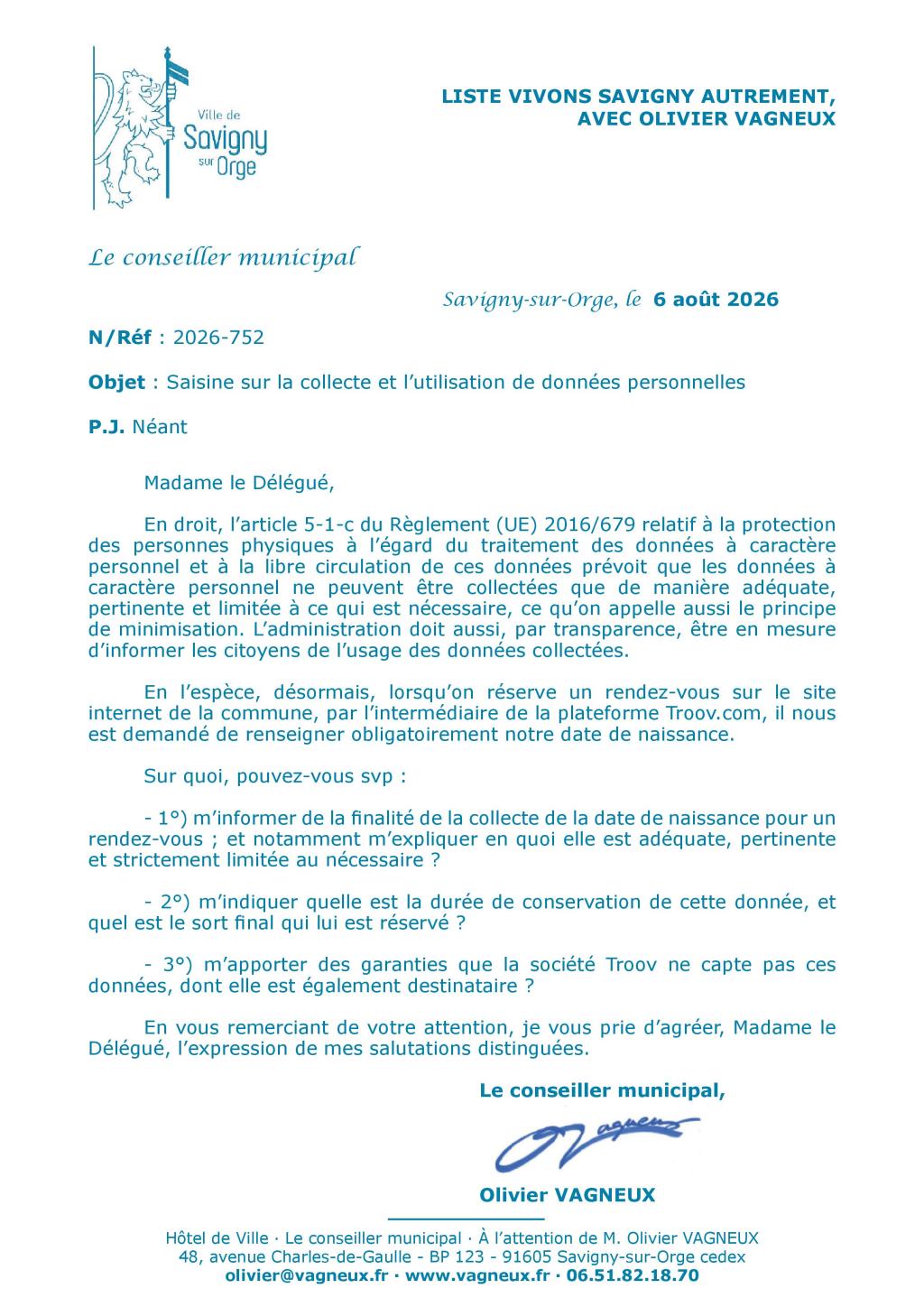 Demande de la date de naissance pour réserver un rendez-vous à Savigny-sur-Orge : j’interroge la déléguée à la protection des données sur la pertinence de cette collecte