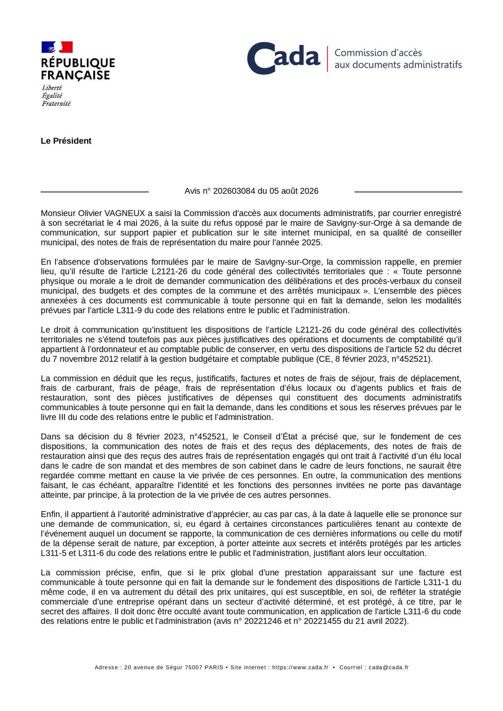 Quelle surprise ! La CADA dit qu’Alexis TEILLET doit publier ses notes de frais de représentation de l’année 2025 !